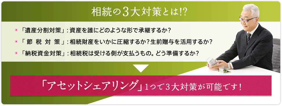 相続の３大対策とは!? 「遺産分割対策」：資産を誰にどのような形で承継するか？「節税対策」：相続財産をいかに圧縮するか？生前贈与を活用するか？「納税資金対策」：相続税は受ける側が支払うもの。どう準備するか？「アセットシェアリング」１つで３大対策が可能です！