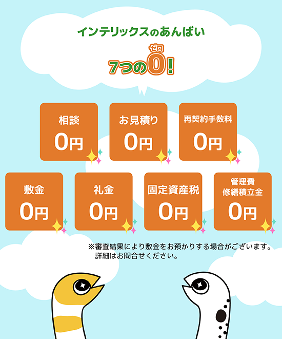 インテリックスのリースバック「あんばい」　7つのゼロ！「相談0円」「お見積り0円」「再契約手数料0円」「敷金0円」「礼金0円」「固定資産税0円」「管理費修繕積立金0円」